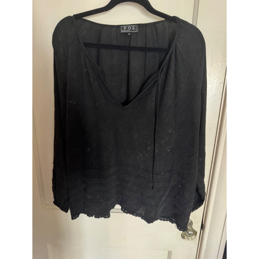 POL Black & Gray Blouse with Crochet Trim‎